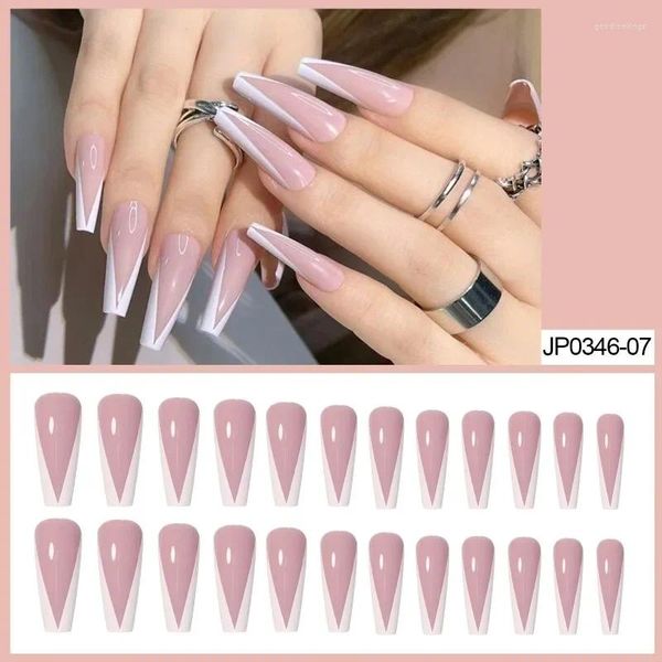 Faux ongles français glace transparent nu blanc V portant des ongles ballet long patch faux doigt manucure masque complet maille rouge