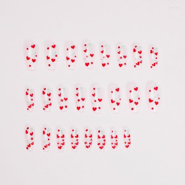 Faux ongles français amour coeur rouge diamant cerise faux ensemble appuyez sur avec de la colle 24 pièces bricolage manucure outils en gros Prud22