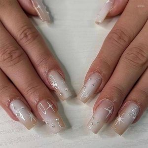 Faux Ongles French Pearl Nail Long Square Press On For Art Salon 24pcs With Charms Acrylics Coffin Fake