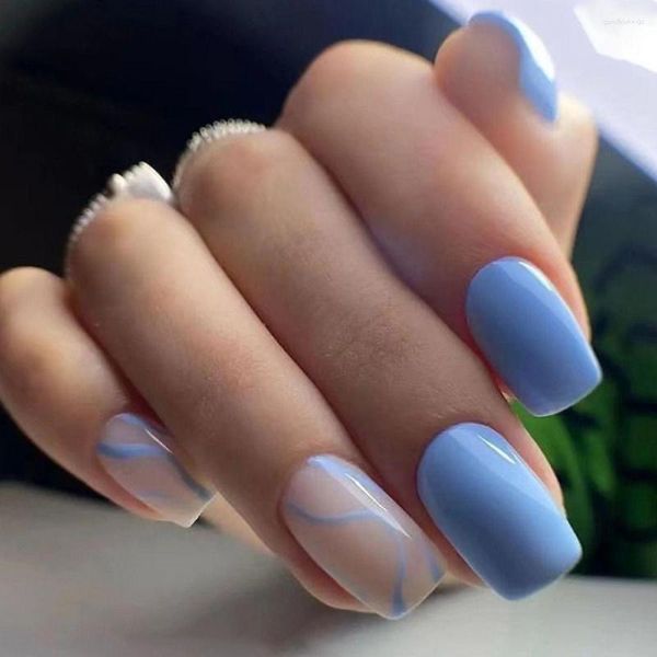 Faux ongles français rose vert lignes bleues presse sur les pointes d'ongles carrées longues détachables bricolage