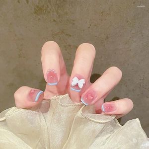 Valse nagels Franse poederblusher Korte balletnagel Witte strik Blauwe lijn Verzorging Kleur veranderende sticker Geleidelijk verwijderbaar