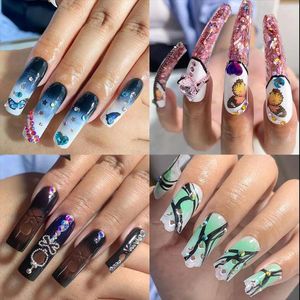 Uñas postizas prensa corta francesa en pegatina de uñas especial ahueca hacia fuera claro falso longitud media hecho a mano para Moen Girl Diy