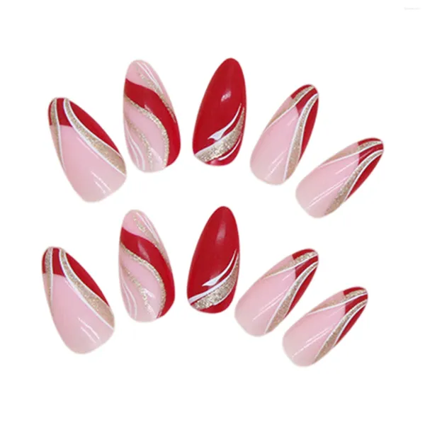 Faux ongles de style français avec décor doré, vin rouge, matériau sûr et durable, imperméable pour femmes et filles