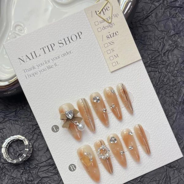 Faux Nails French Sweet Style Swinestone Fake Medium Longle Nail Femmes Fashion Fashion Acryli Tips Full Cover Press On