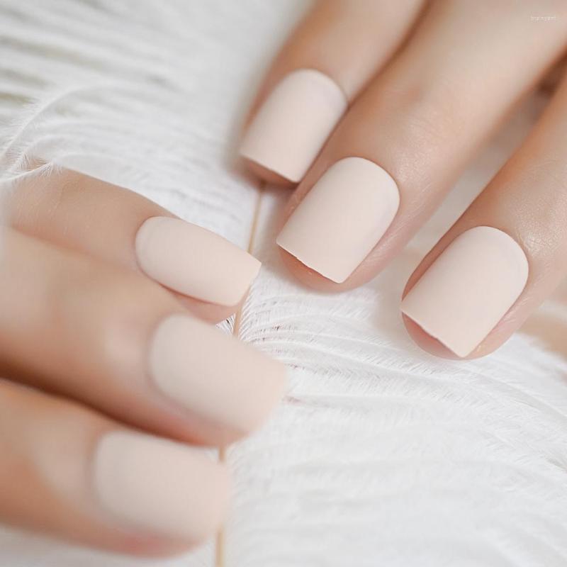 Unhas postiças Frost Matte Surface Full Cover Acrílico Artificial Curto Cor Nude Art Tips 24