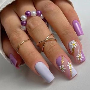 Valse nagels mat blauw paars patchwork Wearable Nail Art White Flowers Fake Square afgewerkte druk op met lijm