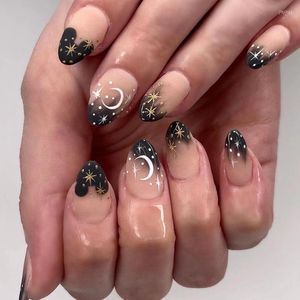 Kunstnagels Frosted Matte Black French Wearable Nail Art Moon Stars Fake Short Round Finished Druk op met lijm