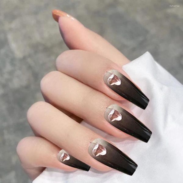 Faux ongles en gel pour la Saint-Valentin, pointe en forme de cœur, en acrylique noir, couverture complète, ensemble pour femmes et filles, portable