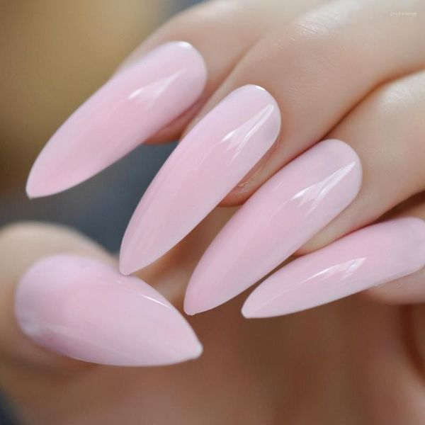 Faux Ongles Gel Vernis Presse Sur Ongle Stiletto XL Long Faux Rose Clair Couleur Pure Pointu Courbé Faux