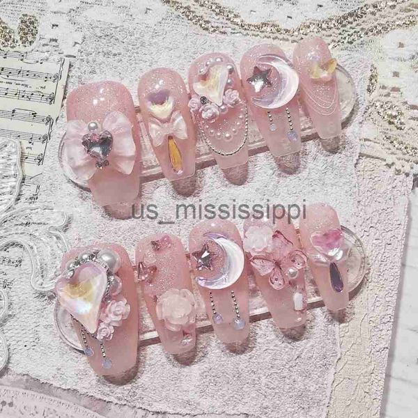 Faux ongles doux style féerique diamant empilé patch rose étoile lune amour arc faux autocollant d'ongle porter pièce d'ongle fini cadeau amovible x0826