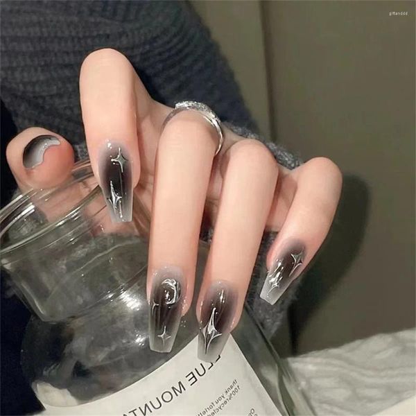 Faux ongles fille noir ongles étoiles trajectoire manucure fini lune dégradé portable détachable réutilisable patch complet