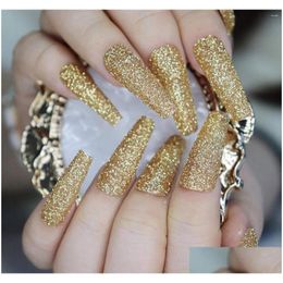 Faux ongles Glitter Gold Poudre Presse sur cercueil extra long Ballerine Forme Faux Fl Er Brillant Ballet Artificiel Acrylique Drop Livraison He Ot36G