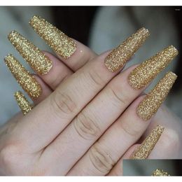 Faux ongles Glitter Gold Powder Appuyez sur Extra Long Cercueil Ballerine Forme Faux Fl Er Brillant Ballet Artificiel Acrylique Drop Livraison He Otcms