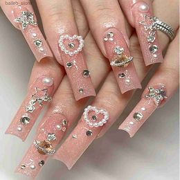 Valse nagels glitter roze nep nagels met Crystal Pearl Star Crystal Design False Nail Tips Long Coffin Ballet Lady Bride Acryl Nagel Tips Y240419
