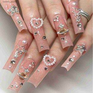 Faux ongles scintiller rose faux ongles avec cristal perle étoile Crystal Design faux ongles