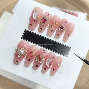 Faux ongles paillettes rose français conseils faits à la main Long cercueil court acrylique faux ongles avec colle presse sur Y2K Gel X 230626