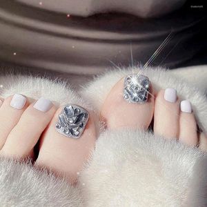 Valse nagels glinsterende teen druk op witte volledige diamant nepvoet kunstmatige nagelstickers verwijderbare voeten tips