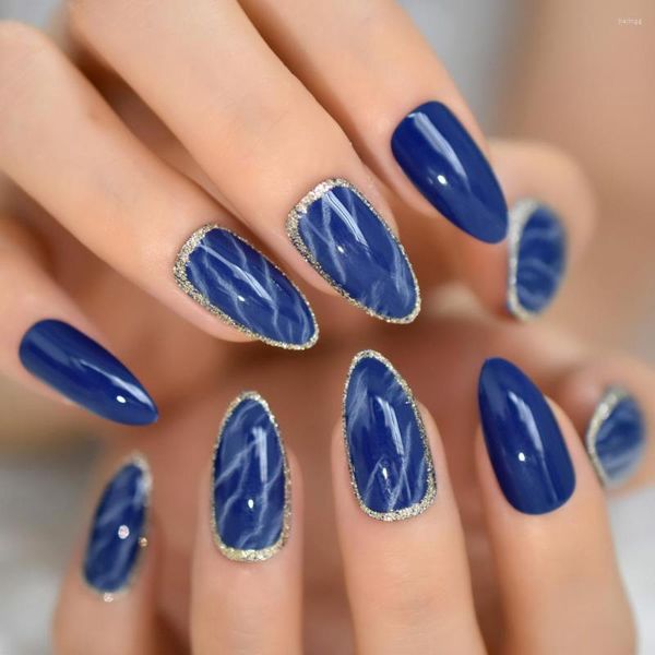 Uñas postizas brillante azul mármol Stiletto plata brillo Pre diseños medio falso uñas manicura Artificial mujeres Deco consejos