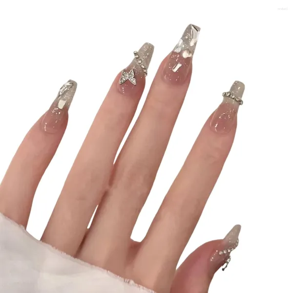 Faux ongles brillants faux ongles pour femmes couleur argent décor strass artificiel et activité de fête fille