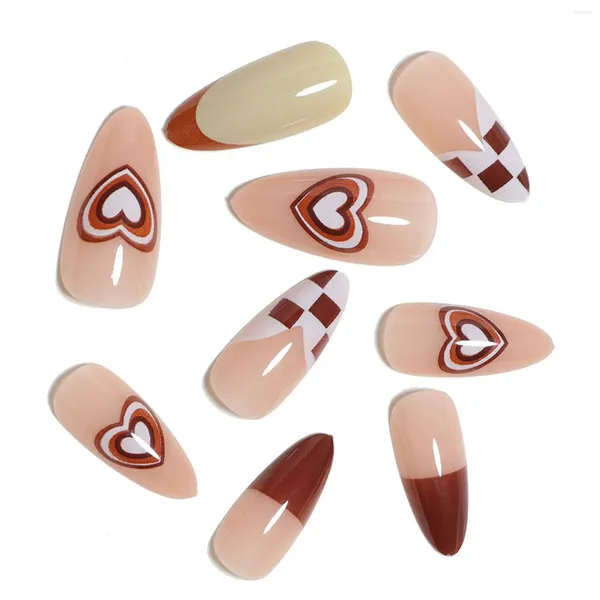 Faux Nails Glossy French Almond Nail Heart Motif