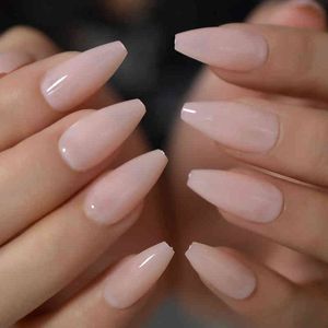 Valse nagels glanzende gel naakt roze volledige dekking druk op valse nagels Medium Coffin Ballet Solid Color Fake Set Lange Nail Tips 220225