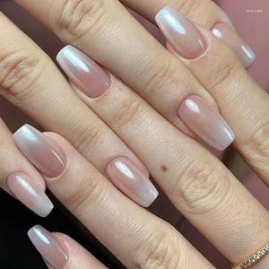 Faux ongles brillant dégradé rose faux couverture complète paillettes perle Aurora pour fille dame portable 24 pièces ongles artificiels Patch