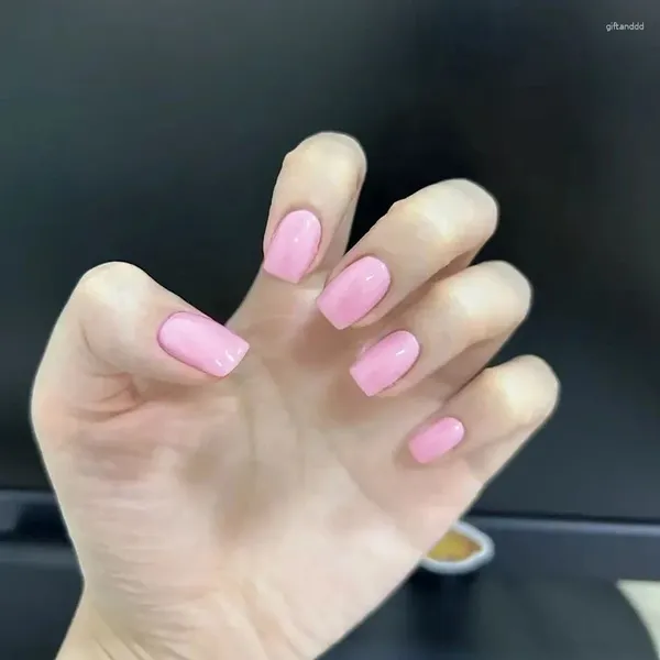 Uñas postizas Rosa claro brillante 24 piezas Etiqueta de uñas cuadrada acrílica corta Cubierta completa Abs Artificial Falso