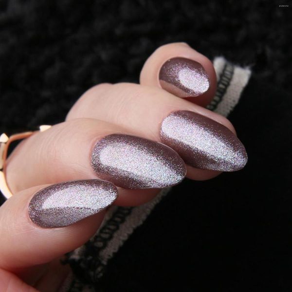 Faux ongles brillant marron amande presse sur court Stiletto faux chrome artificiel brun usage quotidien pointe d'ongle