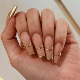 Valse nagels gouden foliestrepen kristal neppers op nagelontwerpen kunst lange tips vormen met lijmstickstickers herbruikbare set