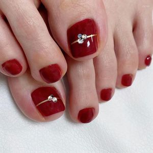Valse nagels Goud Lijn Strass Wijnrood Volledige dekking Korte platte vorm Teen DIY voettips Nail Art Manicure Salon Materiaal