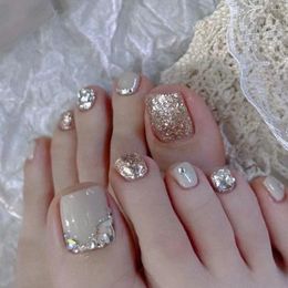 Valse nagels goud glanzende kristal nep teennagels volledige omslag korte vierkante Franse teen voet tips voor vrouwelijke meisjes geschenken