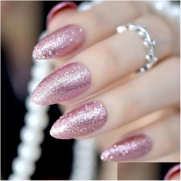 Uñas falsas hermosas rosa almendra estileto falso brillo bling puntia