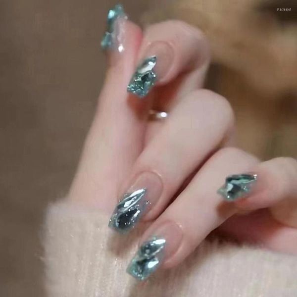 Faux ongles dégradé bleu français longue presse sur avec brillant diamant décor faux pour dame mariée manucure Salon bricolage Art