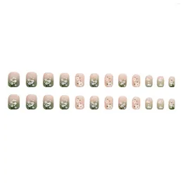 Faux ongles dégradé fleur verte couverture complète début printemps brillant pour les amateurs de manucure et les blogueurs de beauté