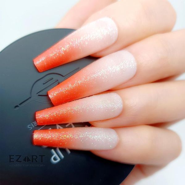 Uñas postizas Degradado Naranja Rojizo Falso Brillo Con Brillo Para El Verano Se Pegan En Las Formas Superiores De Las Uñas Decoración De Estilo De Manicura 24 Piezas