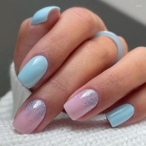 Faux ongles dégradé rose bleu 24 pièces couverture complète faux court carré paillettes portable ballet presse sur manucure ongles conseils