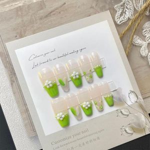 Faux ongles vert cercueil conseils faits à la main coréen couverture complète faux avec des conceptions ensemble professionnel pour les filles