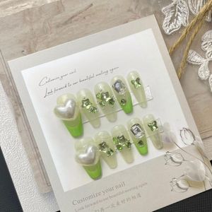 False Nails Green Press on Rhinestone Handmade Coffin Volledige omslag met ontwerpen Manicure Professional Set voor meisjes