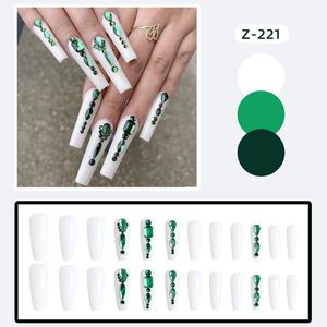 False Nails Green Rhinestones Nail Lange stok op Volledig omslag afgewerkt stuk kunstmatig 24 -stcs Franse stijl nnfalse