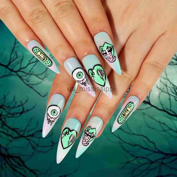 Faux ongles Halloween autocollants à ongles longs Stiletto faux ongles presse sur les kits d'ongles acryliques dégradé faux ongles avec des dessins pointes d'ongles d'amande x0826