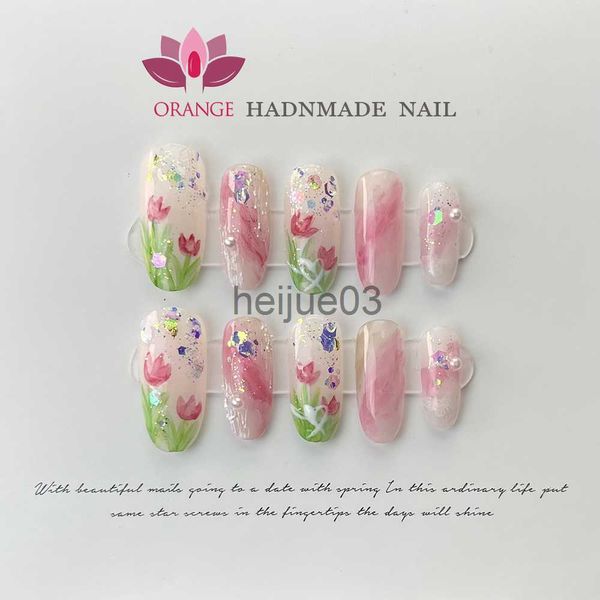 Uñas postizas Prensa acrílica hecha a mano en uñas con diseños 3D Manicura de cabeza de ataúd de cubierta completa con decoración de mariposa Nail Art Wearable Nail x0703