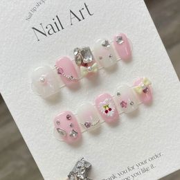 Faux ongles faits à la main, ensemble d'ongles mignons, à pression, courts avec perles, Kawaii, fée cerise, coréen, adhésif réutilisable, faux ongles en acrylique, 231214