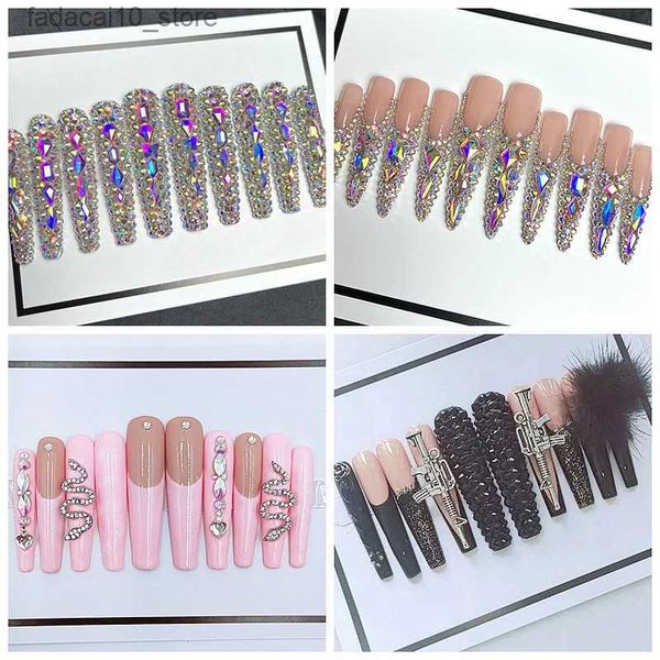 Uñas postizas Ataúd extra largo hecho a mano Puntas de uñas postizas Prensa acrílica en las uñas Y2K Rhinestone brillante Reutilizable 3XL Uñas postizas con pegamento Regalo Q240123