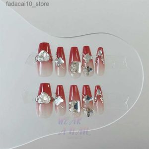 Faux ongles faits à la main faux ongles français dégradé grenade rouge longue conception portable presse artificielle sur la pointe des ongles charmes Art faux ongles Q240122