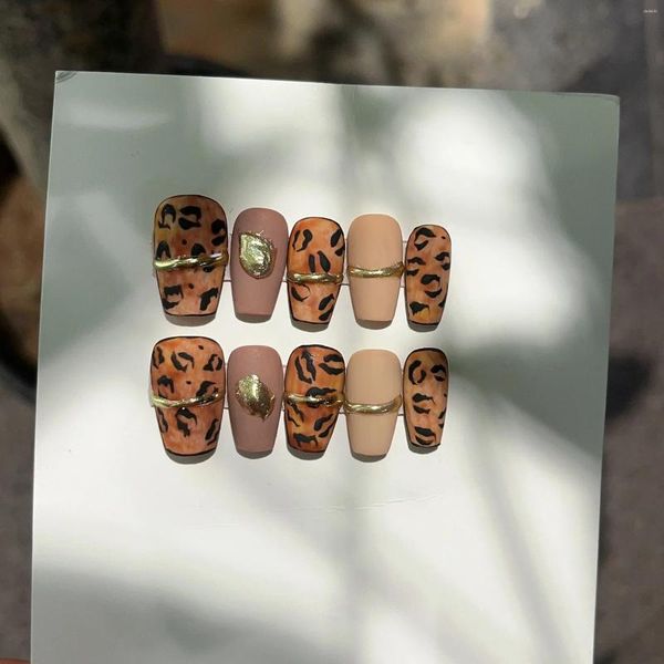 Uñas postizas hechas a mano, metal mate esmerilado, estampado de leopardo, cubierta completa falsa, prensa en puntas de uñas desmontables