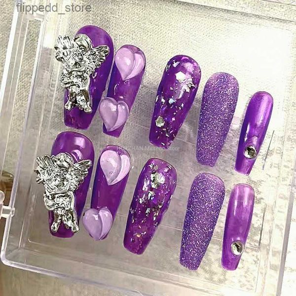 Faux ongles faits à la main paillettes violettes fausses ongles conseils avec ange conception de la presse sur les clous y2k long cercueil acrylique faux ongle avec manucure de colle Q231114