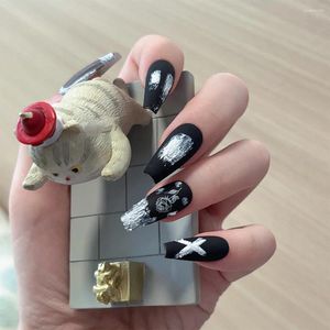 Faux ongles peints à la main, fleurs blanches, presse sur les ongles, adhésif réutilisable coréen, manucure artificielle noire pour l'hiver