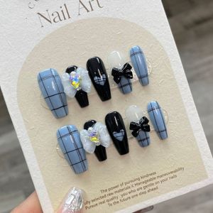 Valse nagels handgemaakte Koreaanse zomer pers ons blauw met ontwerp herbruikbare lijm schattige kunstmatige acryl volledige dekking nagel tips voor meisjes 230619