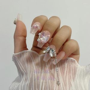 Faux ongles faits à la main de luxe personnalisé design artistique presse sur couleur rose papillon strass portable ongles acrylique pointe de couverture complète