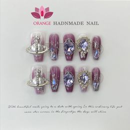 Uñas postizas Prensa de lujo hecha a mano en uñas con Rinestone Decoración de manicura falsa Cubierta completa usable con diseño de uñas acrílicas para niñas 230325